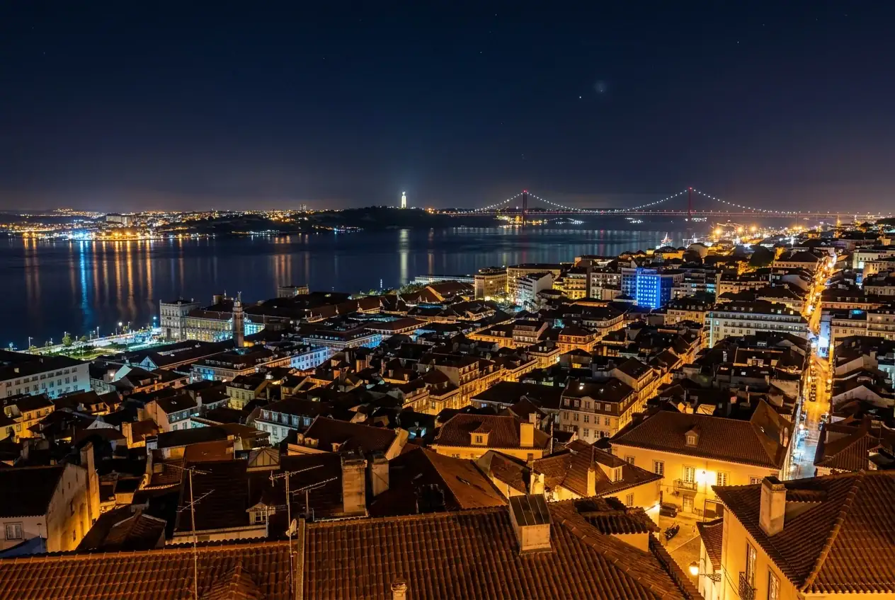 Vista nocturna de Lisboa com reflexos de luzes sobre o rio Tejo