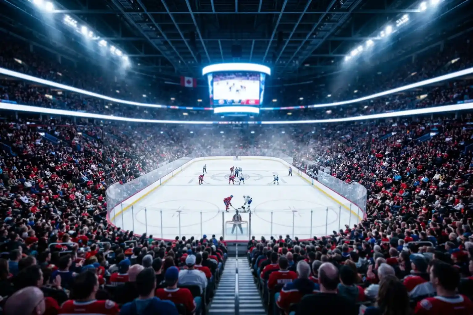 Arena de hóquei no gelo iluminada durante jogo da NHL com adeptos nas bancadas