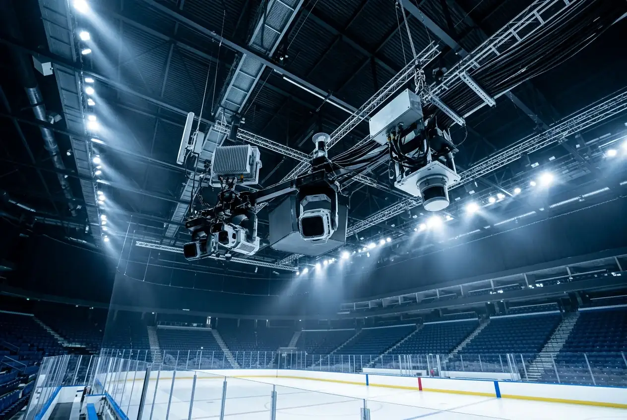 Interior de arena da NHL com câmaras de tracking visíveis no tecto e jogadores no gelo