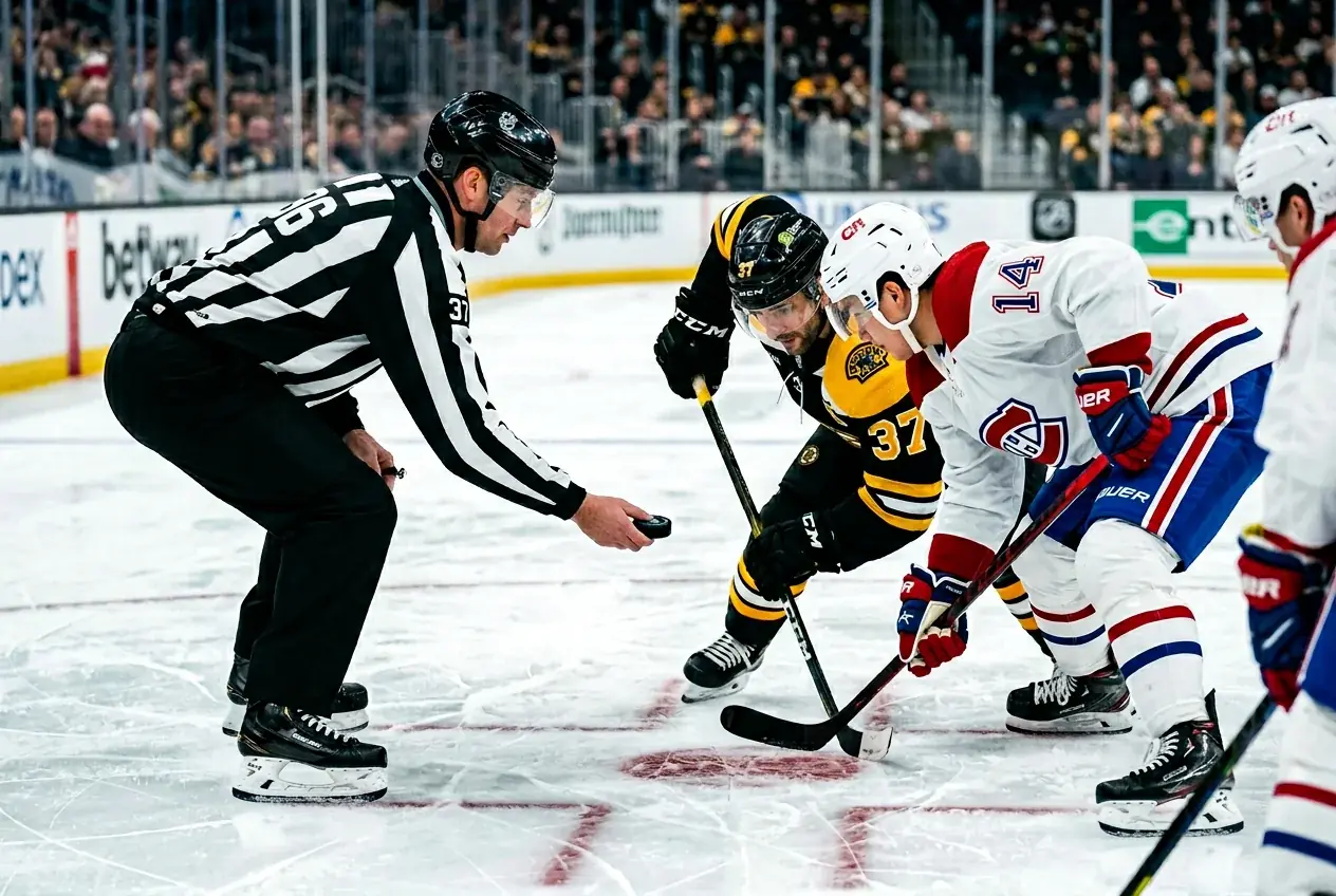 Jogadores de hóquei no gelo durante um face-off no rinque da NHL